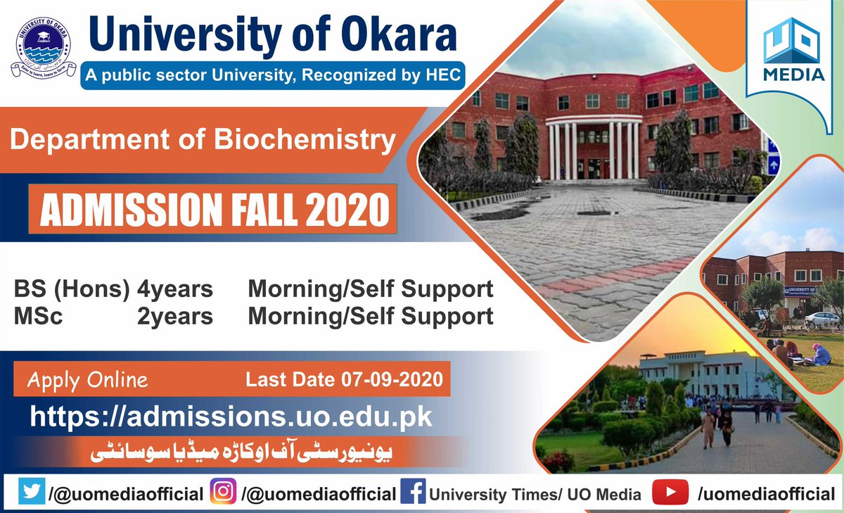 uomediaofficial's tweet photo. Department of Biochemistry at University of Okara inviting admissions application for intrested candidates.
#UniofOkaraAdmissions https://t.co/P42yCZM67h