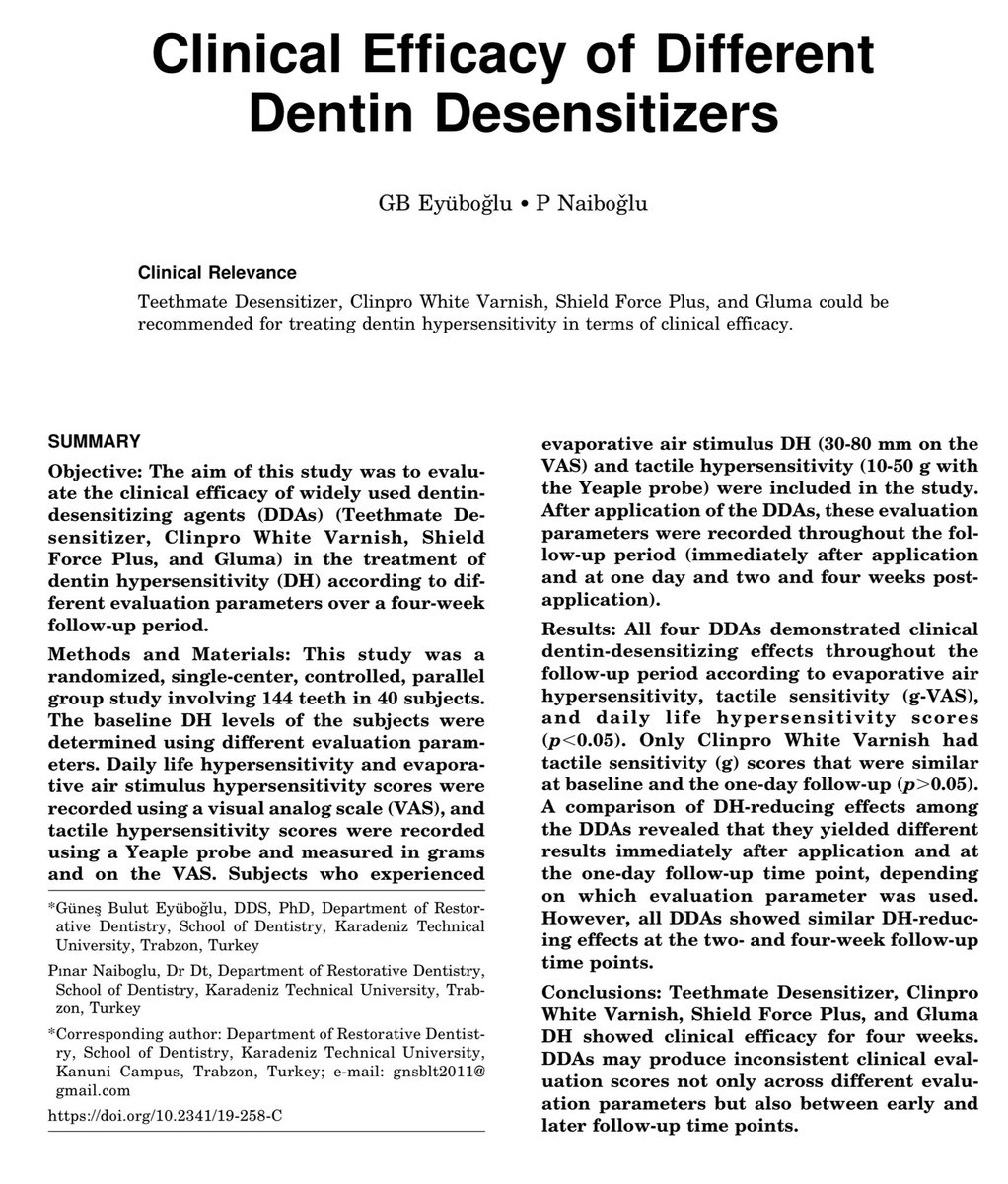 dr_caries's tweet photo. Clinical Efficacy of Different Dentin Desensitizers.JD 2020

 لعلاج فرط الحساسية لعاج الأسنان يوصى باستخدام احد المواد التاليه من قبل طبيب الاسنان: 
Teethmate Desensitizer, Clinpro White Varnish, Shield Force Plus, Gluma

مجلة اصلاح الاسنان ٢٠٢٠ https://t.co/3IBOChJnbW