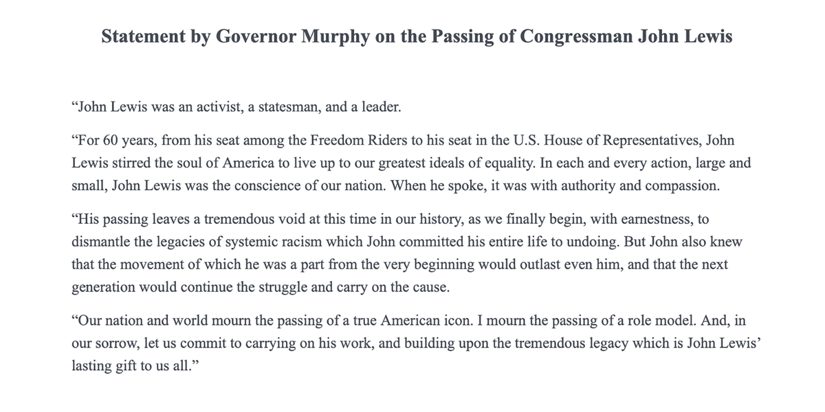 GovMurphy's tweet photo. Our nation and world mourn the passing of a true American icon – Congressman John Lewis. I mourn the passing of a role model. 
 
In our sorrow, let us commit to carrying on his work, and building upon the tremendous legacy which is his lasting gift to us all. https://t.co/7vSiyy8nMn
