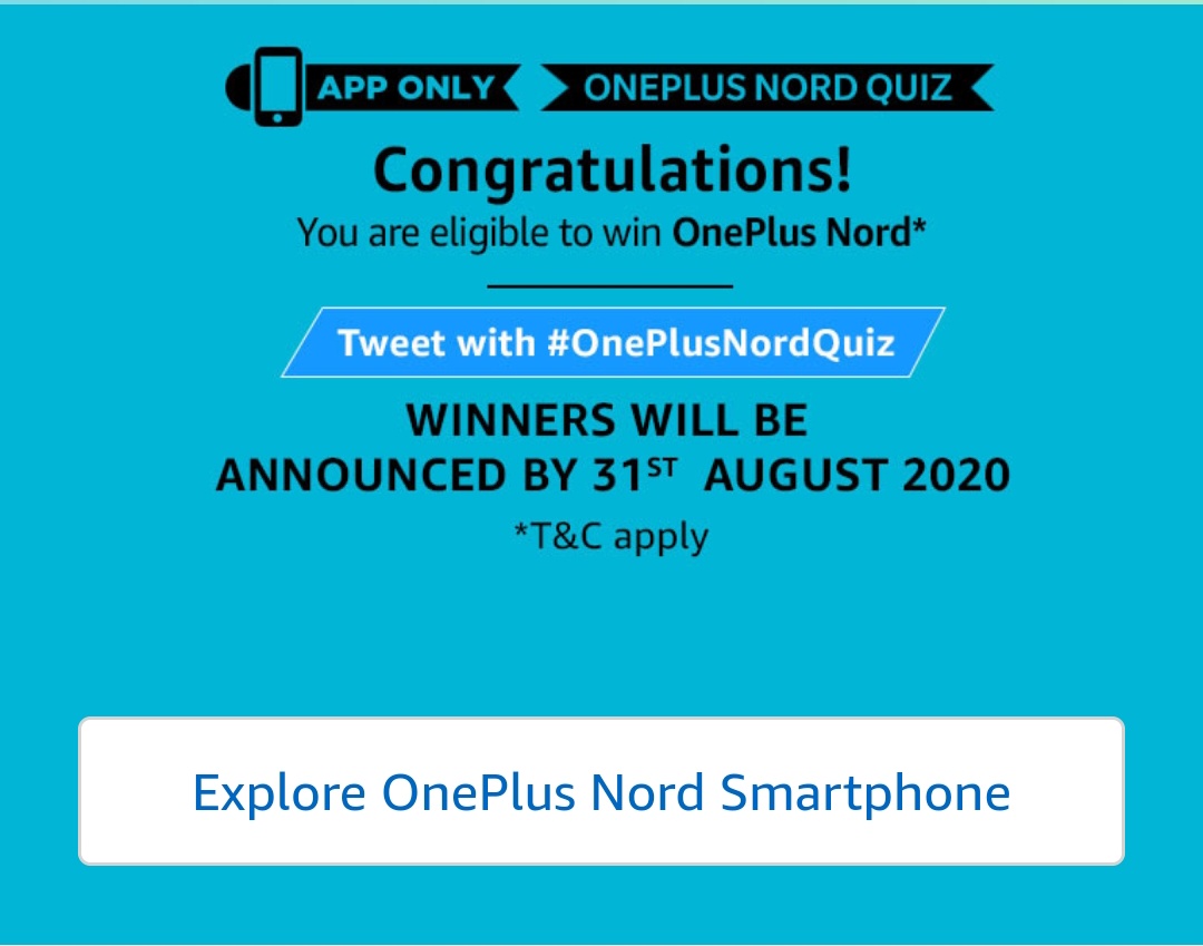 SaranshTalwar's tweet image. Hey @oneplus @OnePlus_IN Thanks for the contest on @amazonIN App, I have given all answers correctly. Hoping to win 😄
#OnePlusNordQuiz #OnePlusNord #OnePlusIn