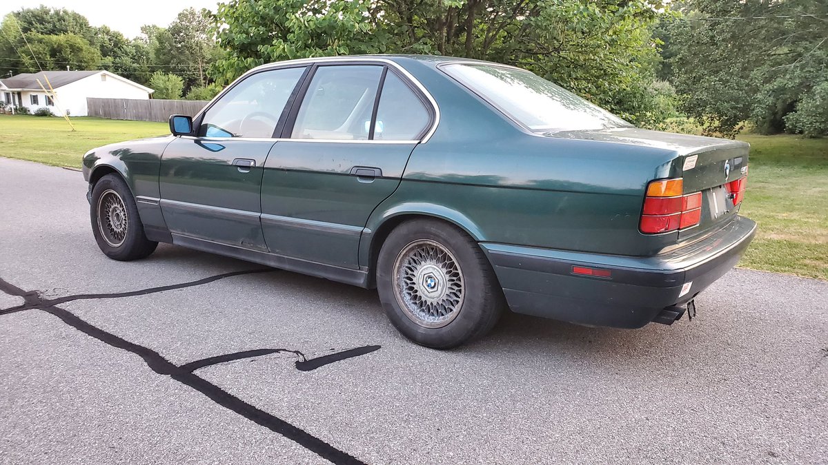 This is my 38th car, a 1994 BMW 540i. Island green over parchment with 92k miles and a blown engine.