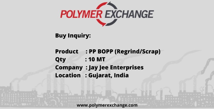 PolymerExchange's tweet image. #Buy Inquiry:

Product: #PPBOPP (#Regrind/ #Scrap)
Qty: 10 MT
Company: Jay Jee Enterprises
City: Ahmedabad
State: Gujarat

Android: bit.ly/2GL1KGY
IOS: apple.co/2IIWEwq
Or, visit   polymerexchange.com

#PPregrind #polymers #plasticindustries #Polymerexchange