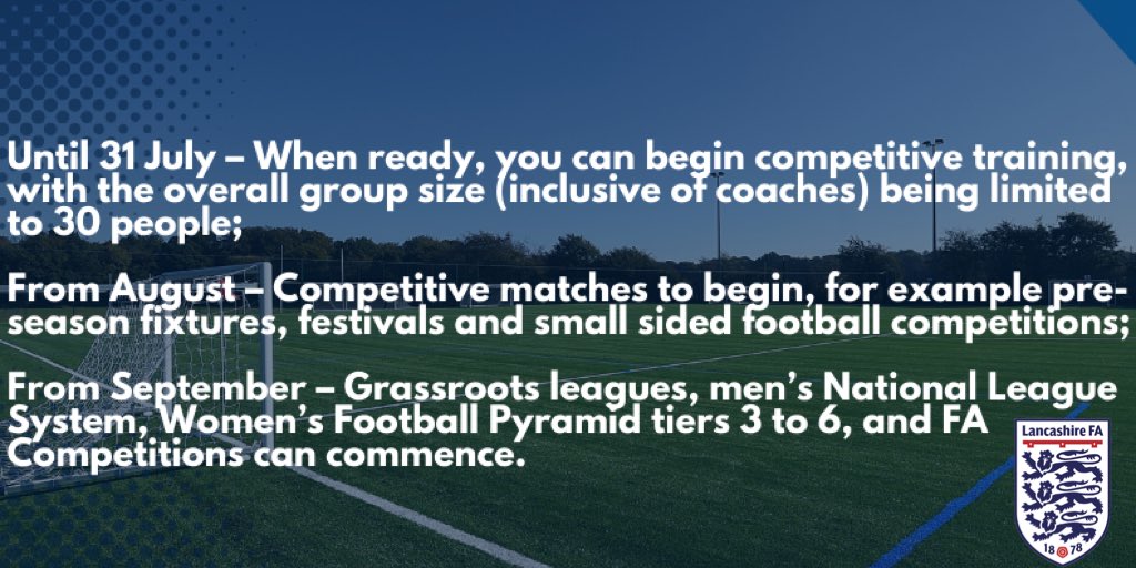 📢 | Lancashire FA welcome the news that The FA's comprehensive action plan for a return to grassroots football has been approved by the DCMS. 

Please see key summary below as we understand there are issues accessing the FA website due to the volume of traffic.