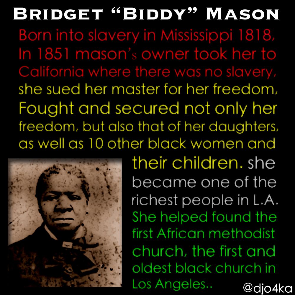 Snappy_Sage's tweet photo. Born a slave in 1818, petitioned for her freedom in 1850...
#bridgetmason 👸🏿👸🏿👸🏿became one of the first woman to own land in Los Angeles...
🔥🔥🔥 https://t.co/iF6bjJFtof