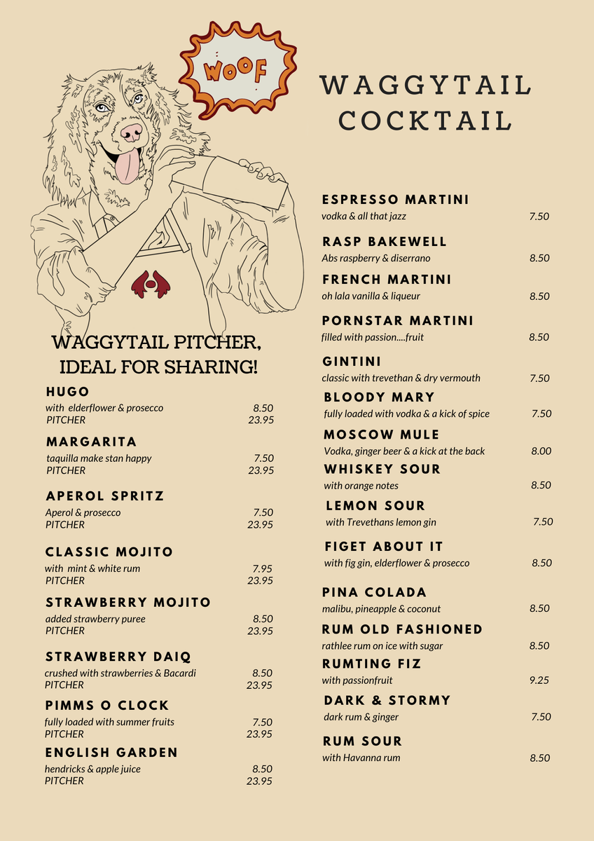 SpringerThe's tweet photo. 10% OFF ALL WAGGYTAIL COCKTAILS FOR ONE NIGHT ONLY!
Give us a call on 01579 370424 and book a table for drinks in our lovely heated beer garden this evening. Full table service will be provided! https://t.co/TLYlSVrGgX