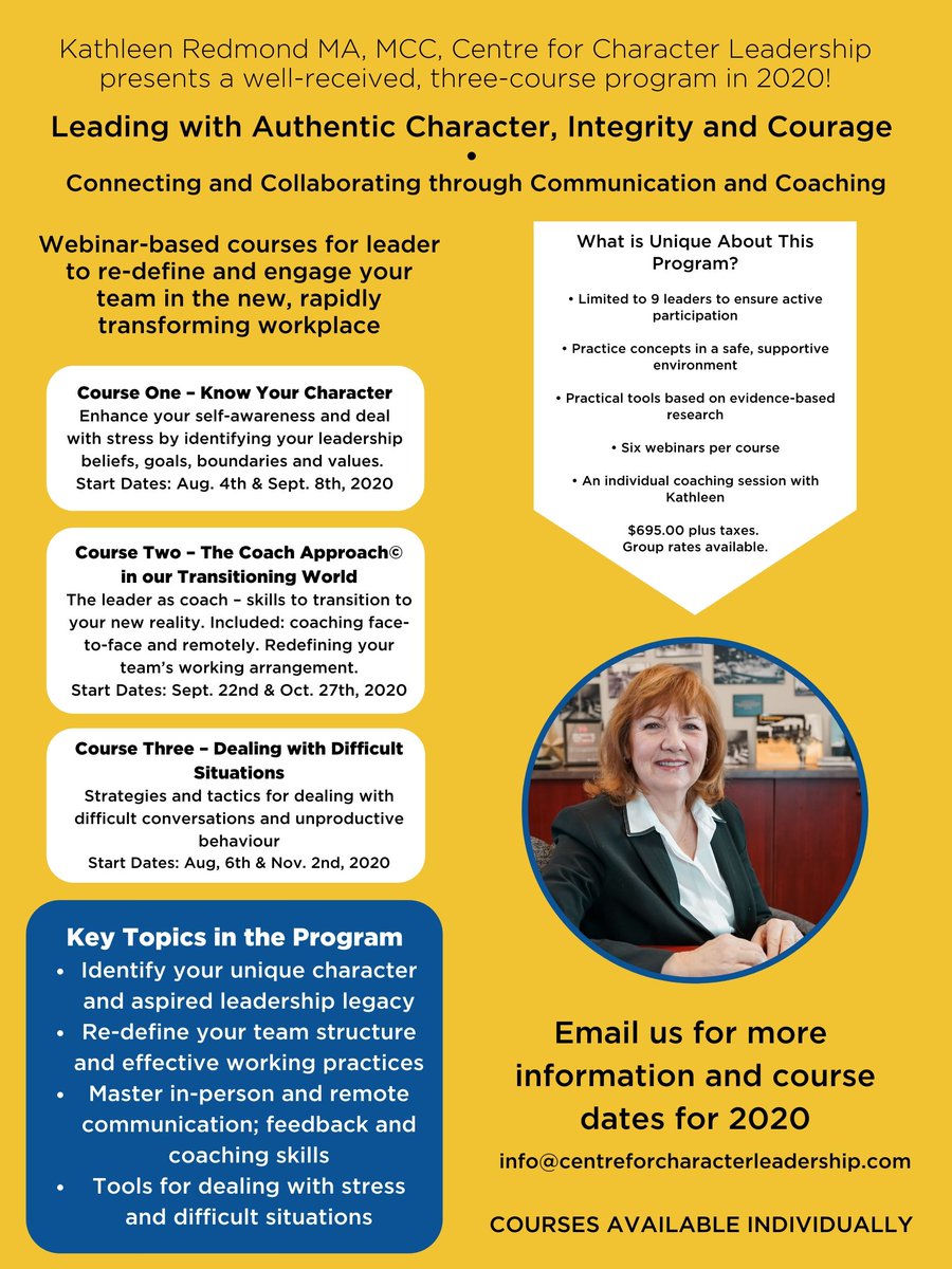 KRedmond1993's tweet photo. Due to popular demand see the additional dates just added for our Leading with Character, Integrity and Courage online learning 6 week courses for 2020.

Upcoming dates for Course One - August 4 and Course Three - August 6th

Email us at info@centreforcharacterleadership.com https://t.co/N4sA5EGBNi