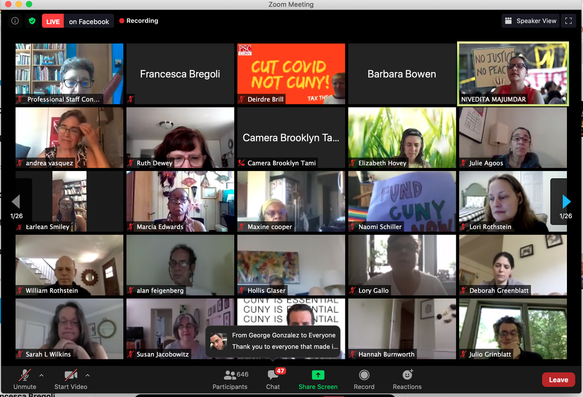 bregolage's tweet photo. 646 @PSC_CUNY members on Zoom are joining today's protest! #CutCovidNotCUNY #CUNYSummerofStruggle #MakeBillionairesPay @AndreaSCousins @CarlHeastie @NYGovCuomo @NYCMayor @CUNY @ChancellorCUNY https://t.co/VDvUI1Q38Z