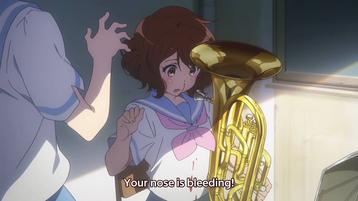 The light rising up means that Kumiko is improving. The blood dripping down from Kumiko's nose symbolizes her vitality. This means that Kumiko is putting her life, heart, and soul into her desire to improve. Since blood is red, this also represents her overwhelming passion.