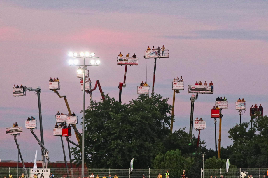 Prof_Chadwick's tweet photo. Latest development in battle to sustain Covid era sport fan engagement - hydraulic platforms. Polish speedway fans suggest some interesting new commercial opportunities: team branded hydraulic platforms; sponsored hydraulic platforms; corporate hospitality hydraulic platforms etc https://t.co/zuo0hDMk8L