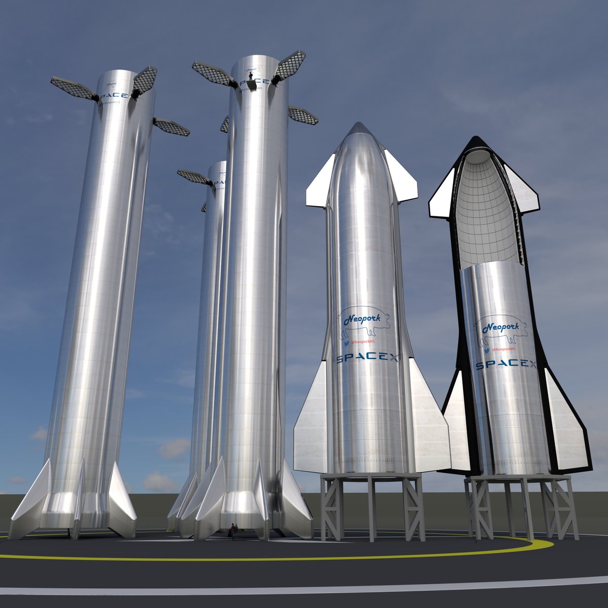Neopork85's tweet photo. Space Nerds! Here is a shot of a couple @SpaceX Starships and a few Super Heavy boosters. This is what  Boca Chica, TX is going to look like soon 😍🤯🚀🤘 Can't wait. -Neo
Retweet if you like it! https://t.co/XE57aB2ZEd