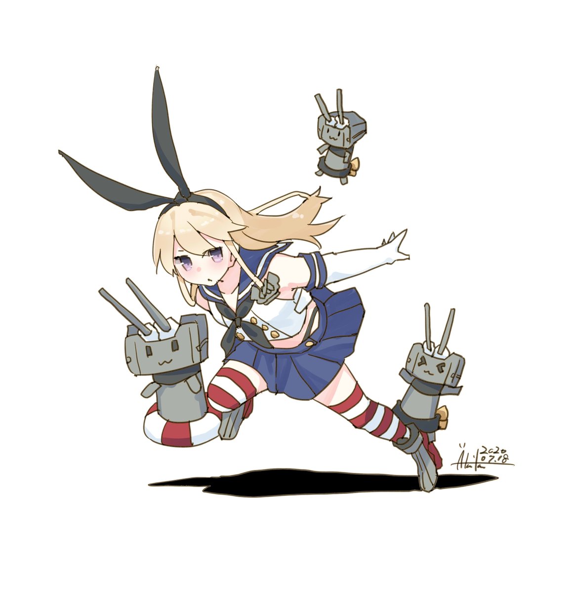 連装砲ちゃん ,島風(艦隊これくしょん) 「島風『おっそーい!』
#艦これ版深夜の真剣お絵描き60分一本勝負
#艦これ版真剣」|あき缶@inicaのイラスト