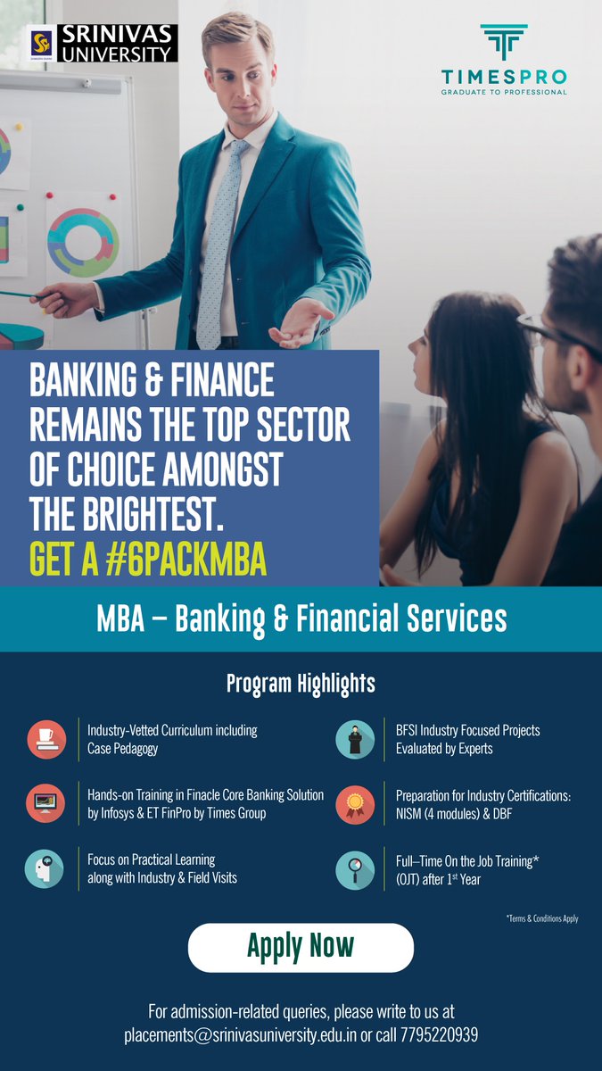 CellSrinivas's tweet photo. Become a Banking Job Ready MBA Professional with Srinivas University MBA Program in Banking and Financial Services today in association with Timespro! Admissions Open 2020-21 Batch. https://t.co/31FvFO7FRE
