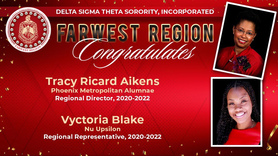 Congratulations to Sorors Tracy Richard Aikens (Phoenix Metropolitan Alumnae), 2020-2022 Regional Director and Vyctoria Blake (Nu Upsilon), 2020-2022 Regional Representative! #DSTVirtual2020 #DST1913 #FarwestRegionDST