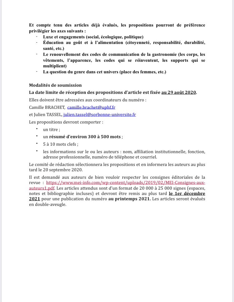 Vous pouvez toujours contribuer au numéro 51 de le revue MEI "Gastronomie et communication" sous la direction de Camille Brachet et Julien Tassel ! En raison de la situation actuelle, les délais ont été allongés, plus d'informations ci-dessous 👇