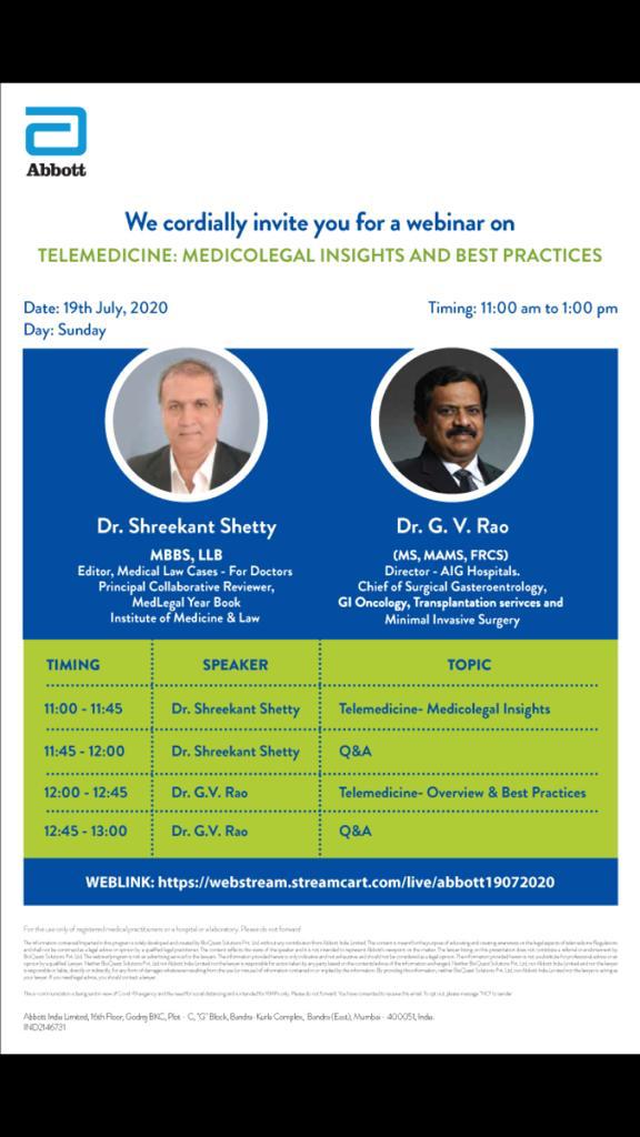 gvraoaig's tweet photo. #Telemedicine - #Medicolegal #Insights and #BestPractices . Live on Sunday 19th July 2020 # 11 00 hrs .
https://t.co/YGkdoMjnU5 https://t.co/grBCp58lOR