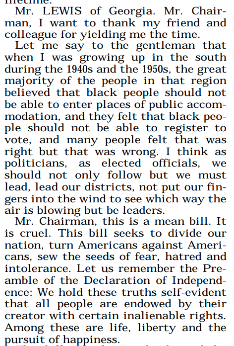 In 1996, he gave an impassioned floor speech against the Defense of Marriage Act introduced by his Georgia congressional colleague  @BobBarr. Lewis said it "should be called the defense of mean-spirited bigots act."