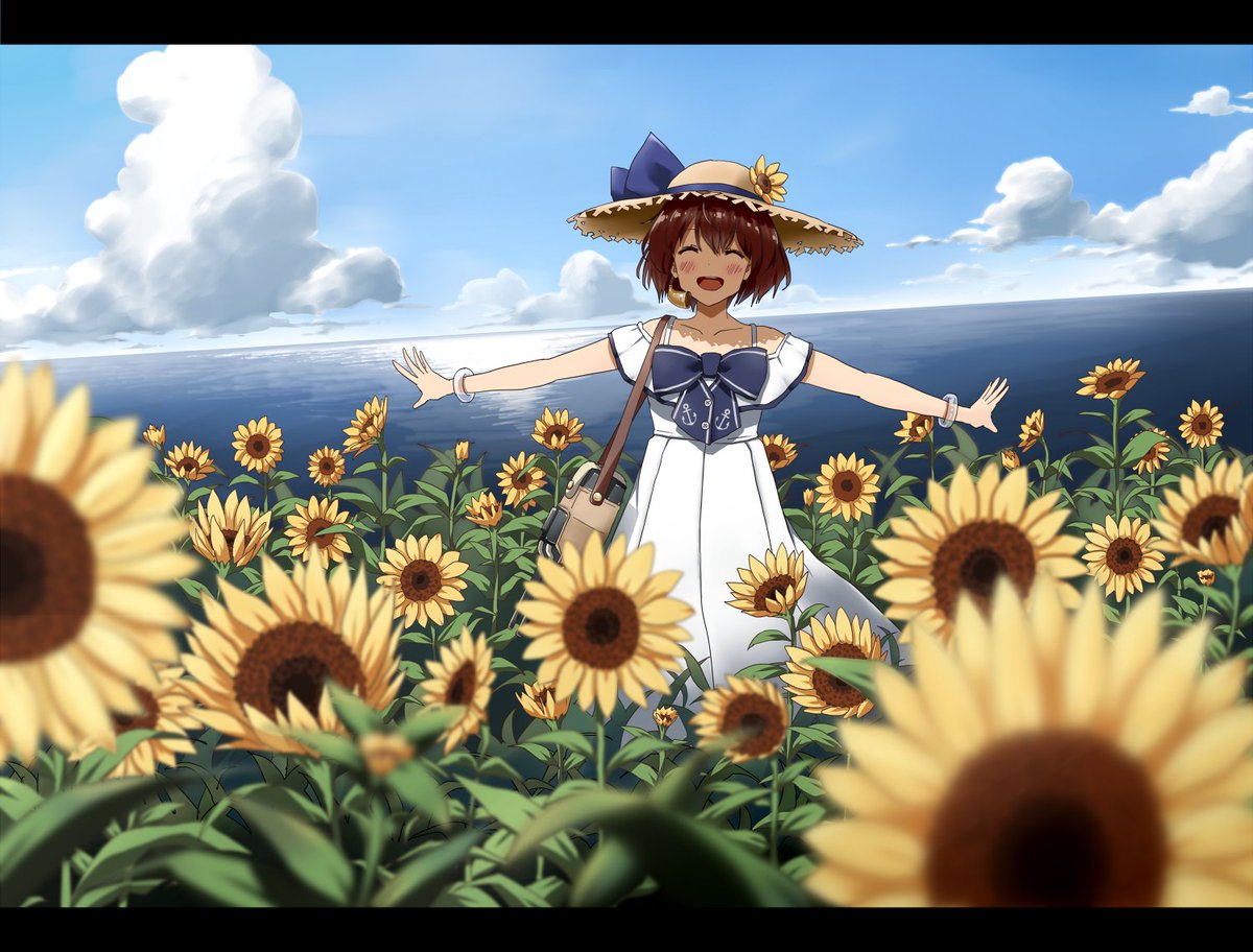 yukikaze (kancolle) 1girl sunflower flower dress solo hat white dress  illustration images