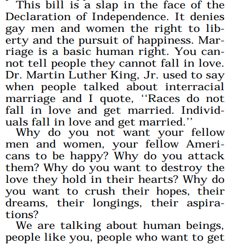 In 1996, he gave an impassioned floor speech against the Defense of Marriage Act introduced by his Georgia congressional colleague  @BobBarr. Lewis said it "should be called the defense of mean-spirited bigots act."