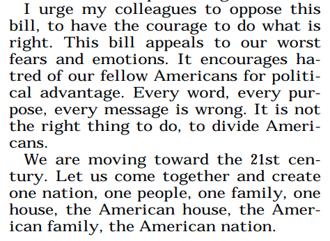 In 1996, he gave an impassioned floor speech against the Defense of Marriage Act introduced by his Georgia congressional colleague  @BobBarr. Lewis said it "should be called the defense of mean-spirited bigots act."