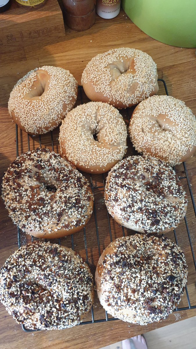 Toadoftoadhall7's tweet photo. This morning's bakes... sourdough bread with fig, spelt and sunflower seeds, and sourdough bagels.
#LockdownBaker https://t.co/dv2jQ2on80