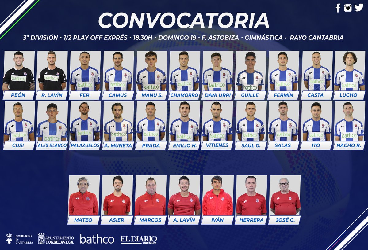 RSGimnastica's tweet photo. ⚽️¡Estos son los 22 futbolistas que defenderán nuestro escudo en las semifinales del #PlayOffExpress ante el #RayoCantabria!

#SentimosVuestroAliento #VamosGimnástica 🔵⚪️ https://t.co/8oClJucfXl