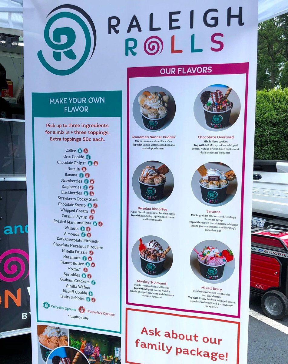 RaleighRolls's tweet photo. What'll it be? 🤔😋 Roll by Keystone Morrisville (located at 705 Keystone Parkway Dr. in #MorrisvilleNC) TONIGHT from 5 - 8 pm to cool off with a cup of your favorite #HandRolledIceCream!
Thank you for the 📷, @dcgierdo! 💜💙
#RollsOnWheels #RaleighRolls #NCFoodTrucks https://t.co/tPnBIXGSvQ
