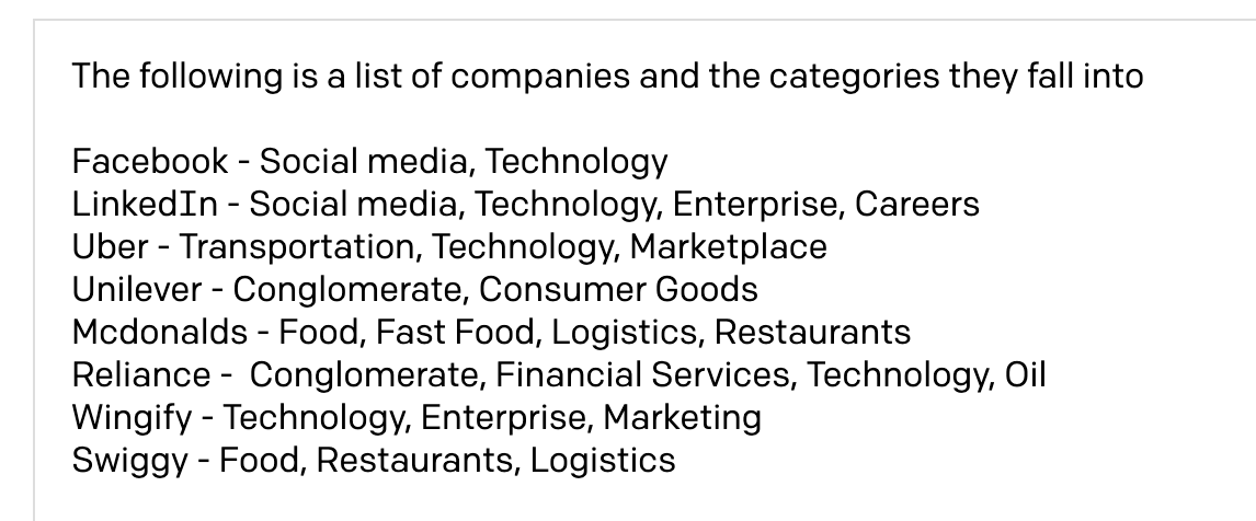 Asked it to classify Wingify, Swiggy and Reliance into a category (rest of the companies were examples fed into it)