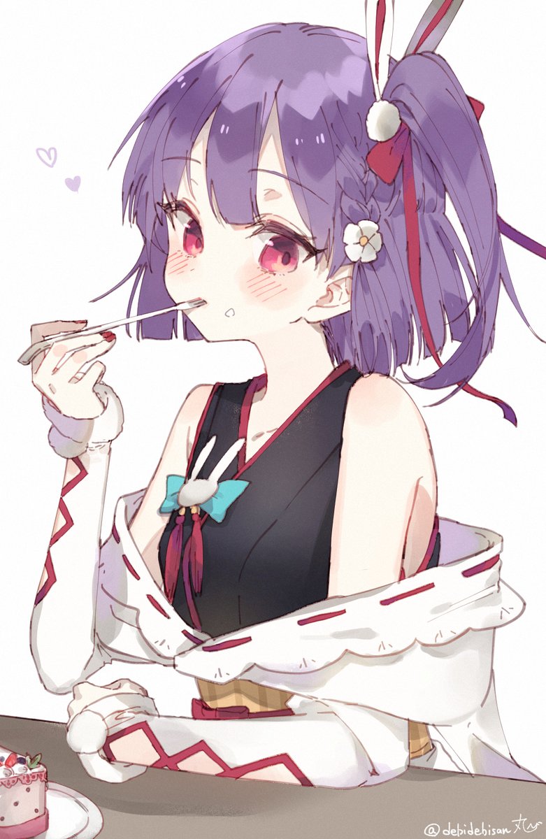 1girl solo purple hair food rabbit ears eating red eyes  illustration images