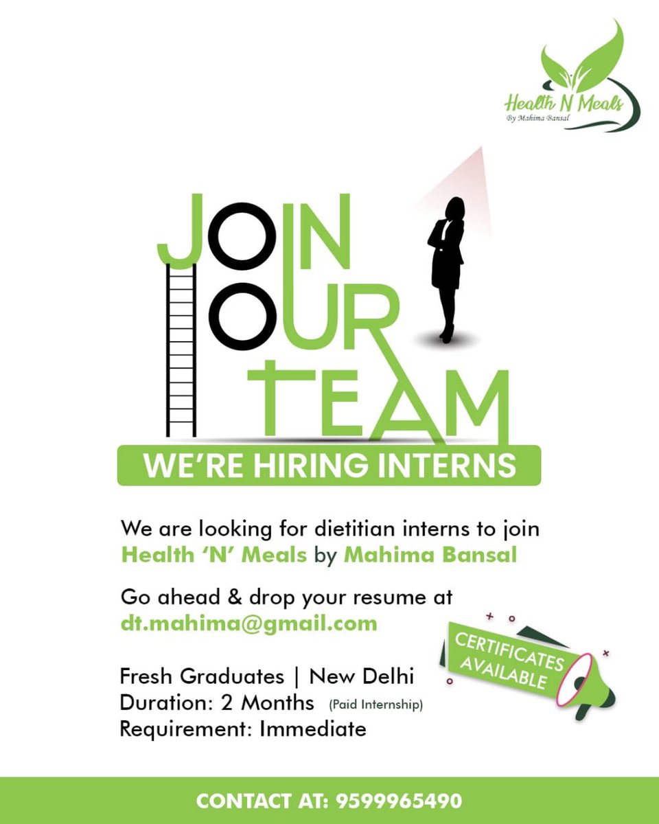 BansalDt's tweet photo. INTERNSHIP ALERT!!!!!
Health N Meals is looking for dietitian interns.
If you are interested, then do reach us at dt.mahima@gmail.com
#healthandmealsbymahimabansal
#dietitian #dietitianlife #dietitianstudent #intern
#internship #healthylifestyle #healthyliving https://t.co/LshD7VikfF