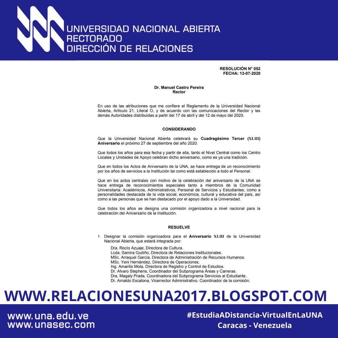 UNA_VE's tweet photo. Resolución Rectoral N° 52 #UniversidadNacionalAbierta https://t.co/ozoboMWbMa https://t.co/uOaIQkrYNu