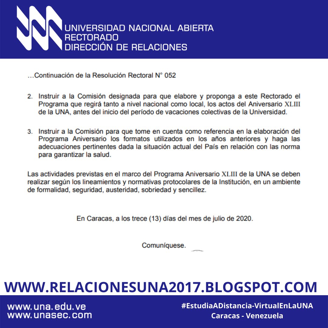 UNA_VE's tweet photo. Resolución Rectoral N° 52 #UniversidadNacionalAbierta https://t.co/ozoboMWbMa https://t.co/uOaIQkrYNu