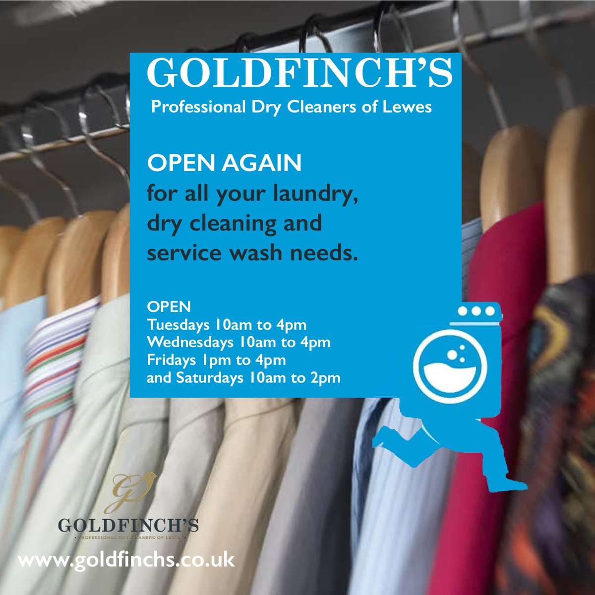 Goldfinchslewes's tweet photo. Extended hours from this week at our #Cliffe High Street shop in #Lewes. We look forward to seeing you. Collection and #delivery continues, just contact us. #covid #laundry #washing #dryclean https://t.co/hd8vIoUyZo