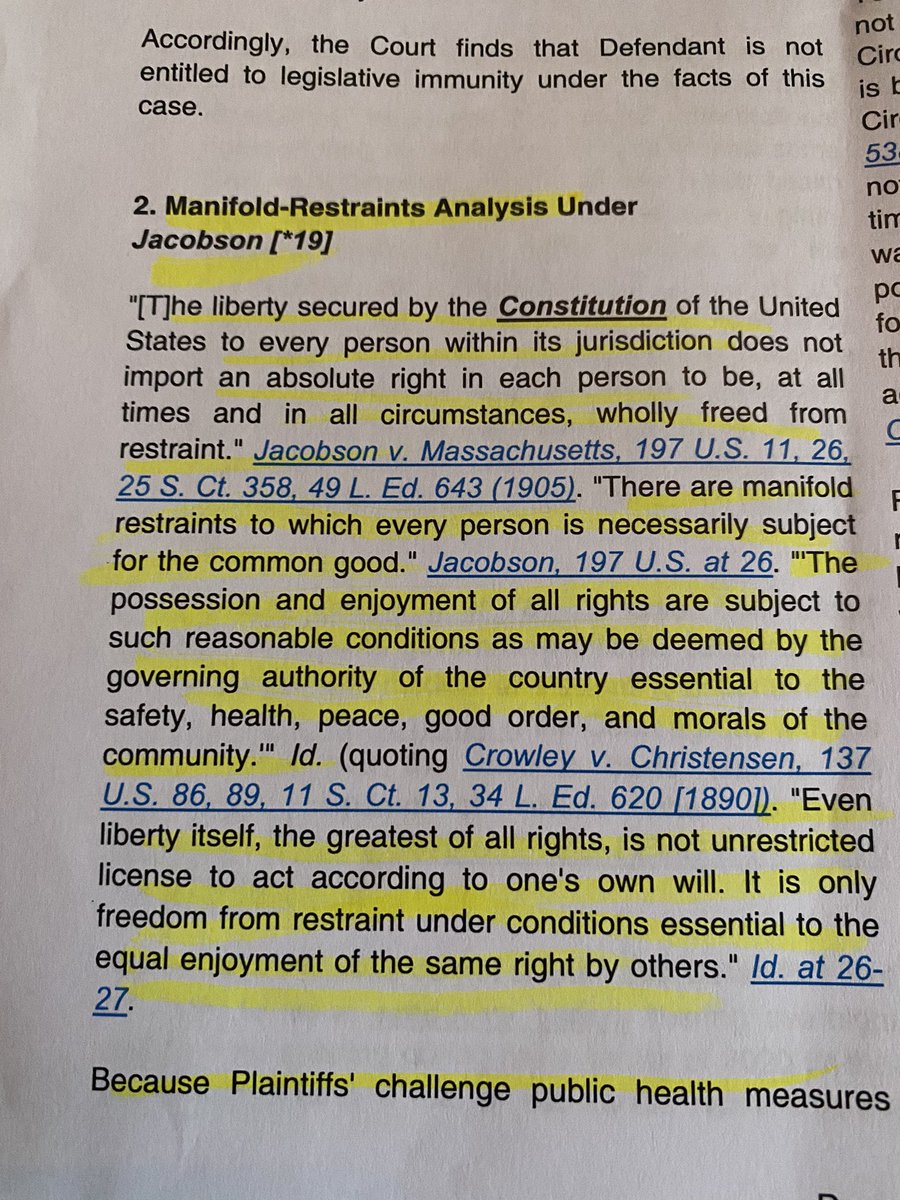 From this case and a few others I have read the foundational case that courts turn to for authority is Jacobson v. Massachusetts US Supreme Court 1905. I’m going to snapshot a few of the references to it so you can read for yourself.