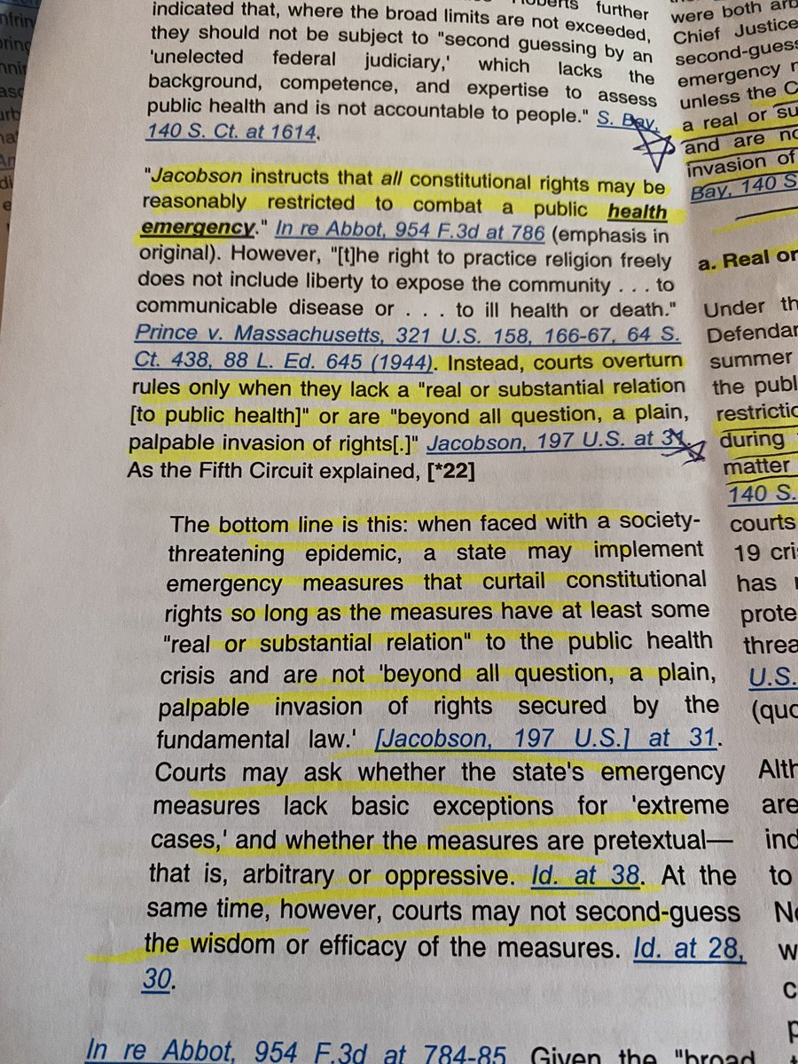From this case and a few others I have read the foundational case that courts turn to for authority is Jacobson v. Massachusetts US Supreme Court 1905. I’m going to snapshot a few of the references to it so you can read for yourself.