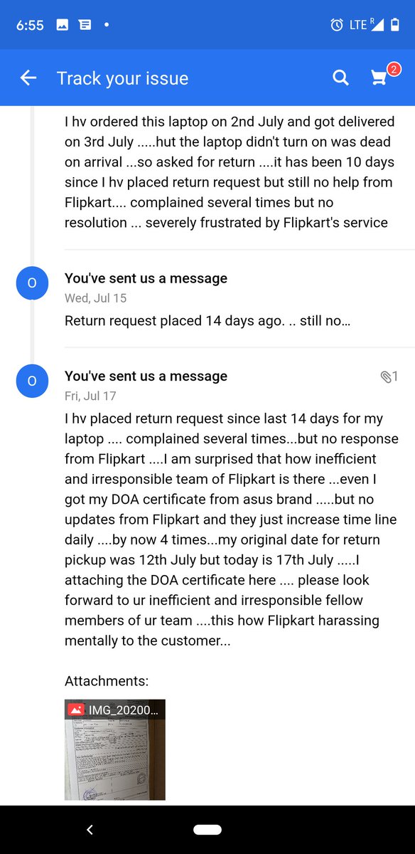 omprakashvss's tweet photo. @flipkartsupport @FlipKarttt @Flipkart After 15 days of placing return request for a dead on arrival asus laptop of 50k rs ,the day it delivered on 3 rd july ..even after getting the DOA certificate from asus brand ... Flipkart nor replacing neither giving refund... https://t.co/Z2PAQnM3JL