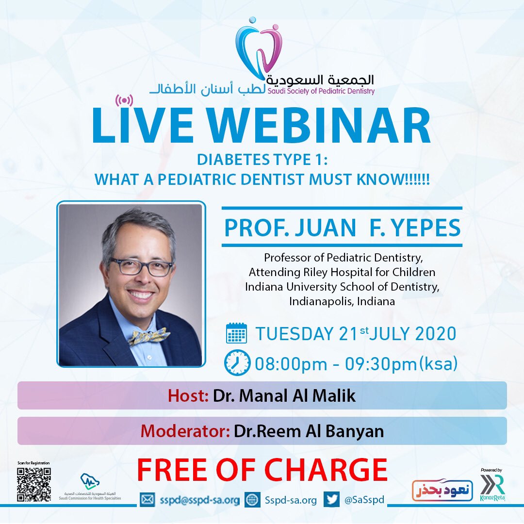 sspd_sa's tweet photo. @SchsOrg 
@DentalSaudi
@KPDA_Kw
@espsn2019
@ArAPD2015
@dent_GDSA
@KR_Organisation

You are all invited to attend our next free online webinar on Tuesday 21-7-2020 -Time : 8:00- 9:30 PM(KSA).
Speaker: Prof. Juan F. Yepes.
👍🏻👍🏻
Register:
https://t.co/KBTYgBkMok https://t.co/m9WAGJKLoh