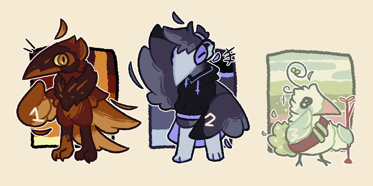 mwins_in_caps's tweet photo. Made some birb adopts! FCFS
5โฌ each
+10โฌ for an extra fullbody
#adopt #adoptable #furryadopt #oc #originaldesign #characterdesign #flatsale #howdotagswork https://t.co/RCVQNed1mG