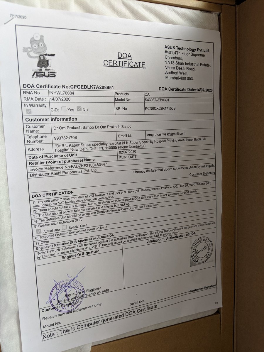 omprakashvss's tweet photo. @flipkartsupport @FlipKarttt @Flipkart After 15 days of placing return request for a dead on arrival asus laptop of 50k rs ,the day it delivered on 3 rd july ..even after getting the DOA certificate from asus brand ... Flipkart nor replacing neither giving refund... https://t.co/Z2PAQnM3JL