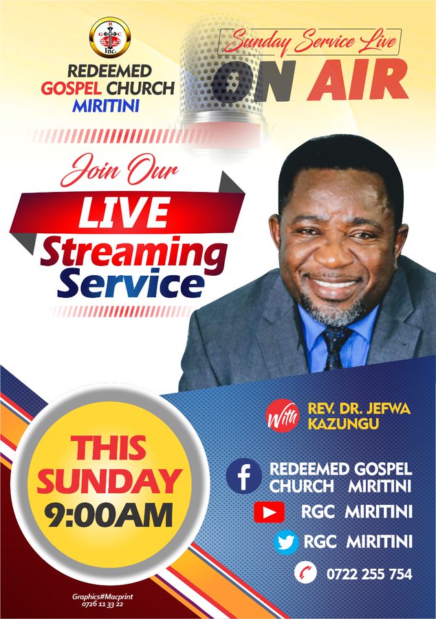RgcMiritini's tweet photo. Grace to you and peace from God our Father and the Lord Jesus Christ... Pastor J. Kazungu and Pastor Irene J. Kazungu do welcome you to our Sunday service on 19th July 2020 :-
1st Service: Begins from 9am to 10am
2nd Service: Begins from 11am to 12am

See you there,
Be blessed https://t.co/ysmbhSiNnK
