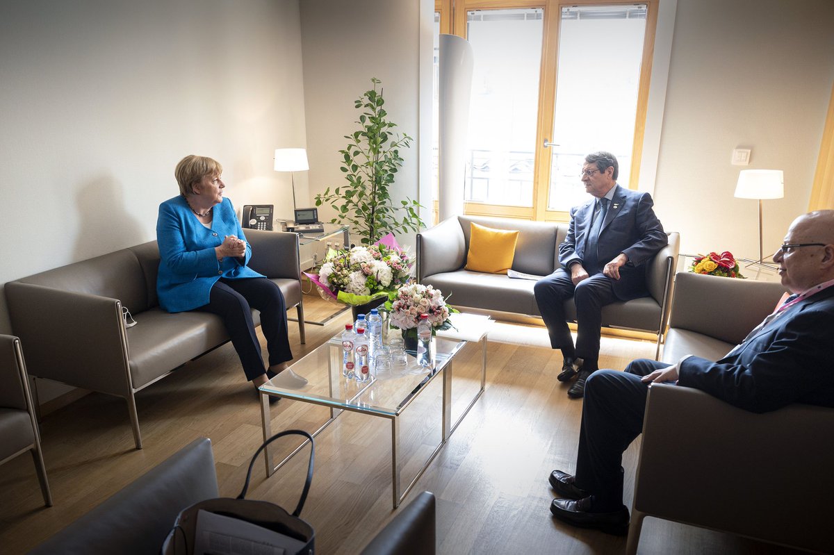 AnastasiadesCY's tweet photo. Timely exchange of views with Chancellor Merkel on the recent developments in #Cyprus #EEZ, the pressing regional issues threatening peace and stability, and the prospects for the resumption of the negotiations aiming at a comprehensive solution of the #Cyprus Problem. https://t.co/TbzCgMa1DG