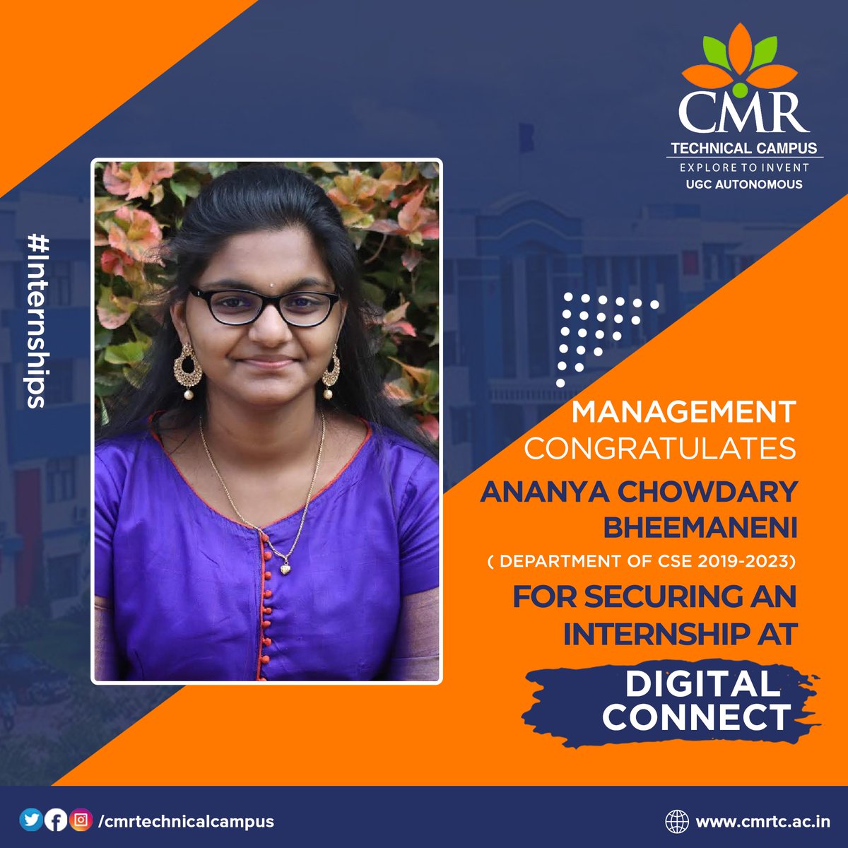 CMRTCofficial's tweet photo. #CMRTechnicalCampus #InternshipUpdates
CMR Technical Campus Congratulates Ananya Chowdary Bheemaneni for securing an internship at Digital Connect.
We wish her all the best for her future and career prospects ahead !! https://t.co/B8m7m4jt6K