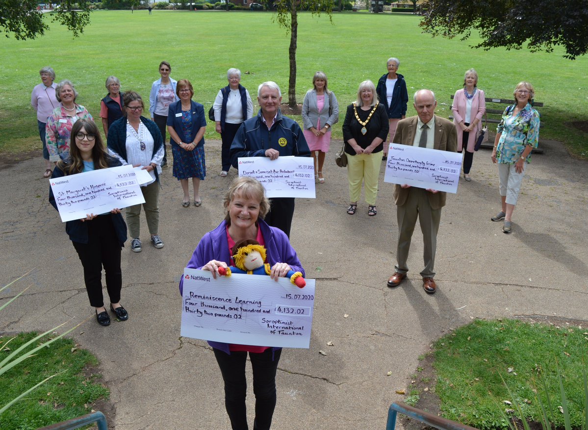 Social distancing at our #soroptimist #swimathon presentation event on 15 July - not the usual format!  Our 2020 charities - <a href="/st_marg/">St Margaret's Hospice Care</a> <a href="/RemLearning/">Reminiscence Learning</a> <a href="/dsairambulance/">Dorset and Somerset Air Ambulance (DSAA)</a> and TOG - each received a cheque for £4,132.02  Thanks again to all swimmers, supporters and sponsors.