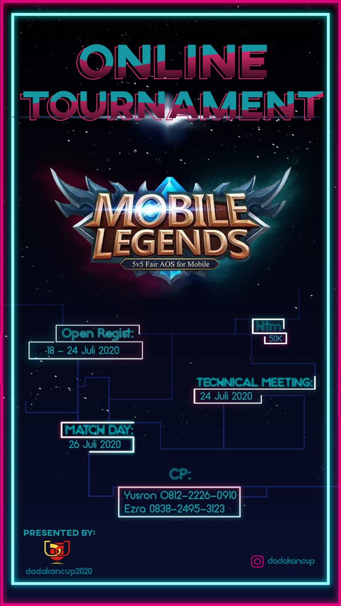 Dadakan_Cup's tweet photo. [ OPEN REGISTRATION ONLINE TOURNAMENT MOBILE LEGENDS ]

Hai akang teteh semua!

Kita punya konten baru, yaitu turnamen online Mobile Legends. Buat akang teteh yang suka main Mobile legends, yuk buruan daftar! Ada hadiah juga lho! https://t.co/sP5jp2NcPU