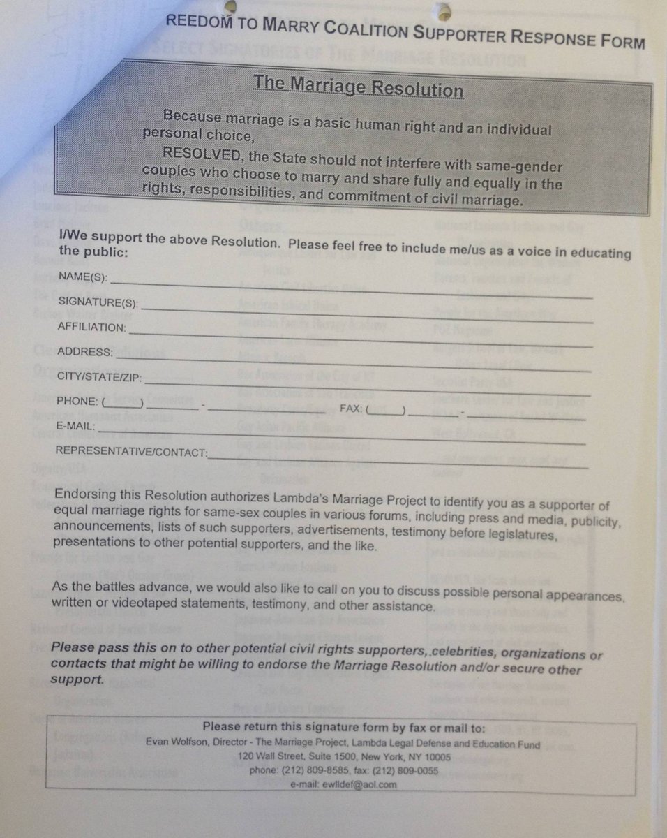 A year and a half after the DOMA vote,  @LambdaLegal asked prominent Americans to make a full, universal endorsement of "equal marriage rights for same-sex couples" by signing its Marriage Resolution.