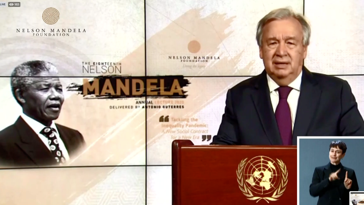 GlobalGoalsUN's tweet photo. “The vision &amp; promise of the @UN is that food, healthcare, water &amp; sanitation, education, decent work &amp; social security aren’t commodities for sale to those who can afford them, but basic human rights to which we’re all entitled.” @antonioguterres delivers @NelsonMandela Lecture https://t.co/uLcI2PMWs3
