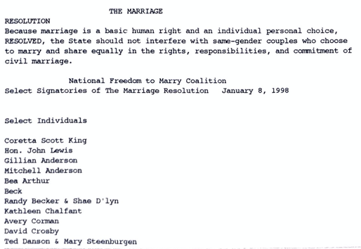 When  @LambdaLegal unveiled a list of the resolution's signatories, there were some big names, like  @TheEllenShow and  @GloriaSteinem, and some big-for-1998 names, like  @PaulReiser and  @LusciousJckson. There was only one federal or statewide official: Rep. John Lewis.-30-