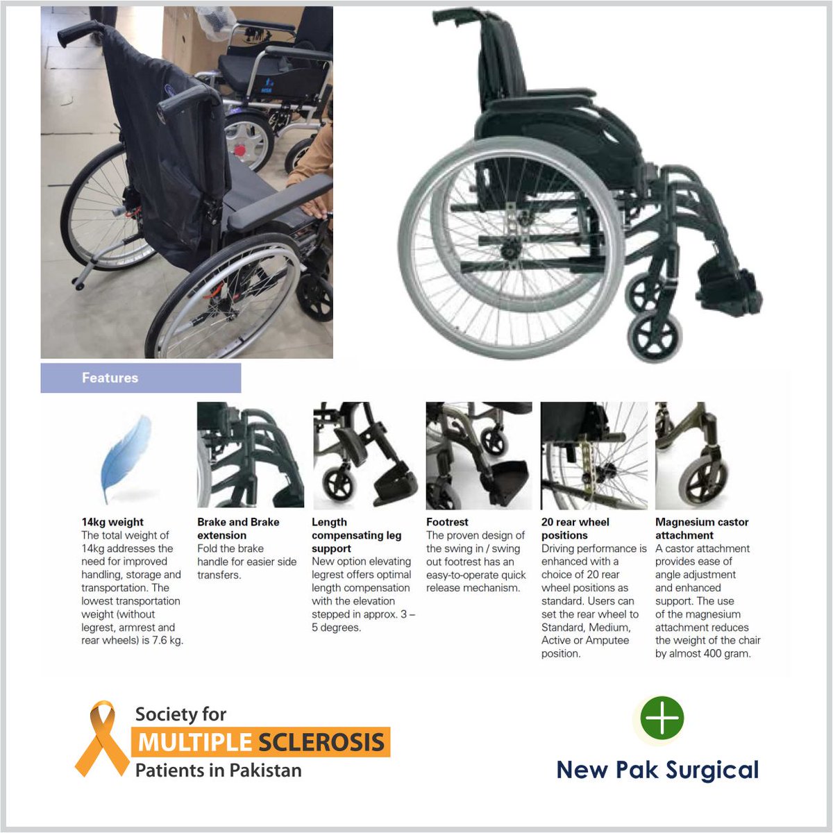 SMSPPakistan's tweet photo. We are happy to announce that @newpaksurgical New Pak Surgical has procured the re-designed #Invacare Action 3NG #wheelchair for our #MS patient from Chichawatni from the UK. The wheelchair has been booked via Cargo and is on its way to the patient.
#SMSPP #MSWarrior #MSPatient https://t.co/dZMMMp7xxm