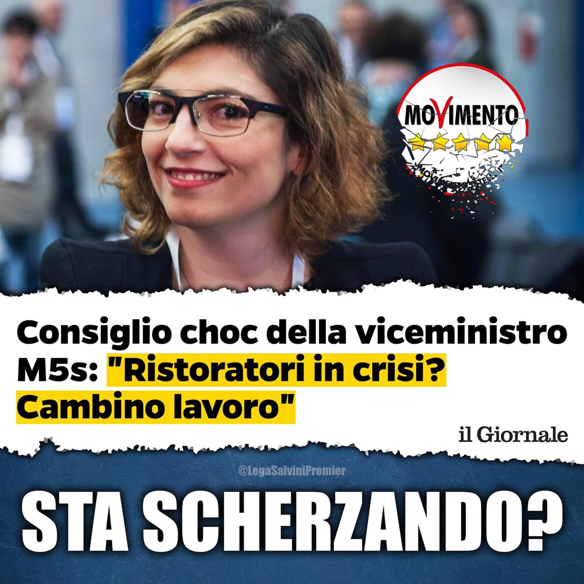 matteosalvinimi's tweet photo. “Ristoratori senza clienti? Muovetevi su nuovi business, siate imprenditori creativi” 😱😱😱
Massacrati dalla crisi, senza soldi, senza rinvio delle scadenze fiscali e pure sbeffeggiati dalla viceministro grillina all’economia! https://t.co/264qVOGwFW