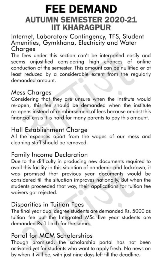 awaazofiitkgp's tweet image. Unjustifiable #Fee demand kept by @IITKgp for the upcoming online semester has raised concerns amongst students. No proper clarification or resolution from #administration yet. Requesting @PMOIndia @HRDMinistry @DrRPNishank to look into the matter. #injustice_to_students #IITKGP