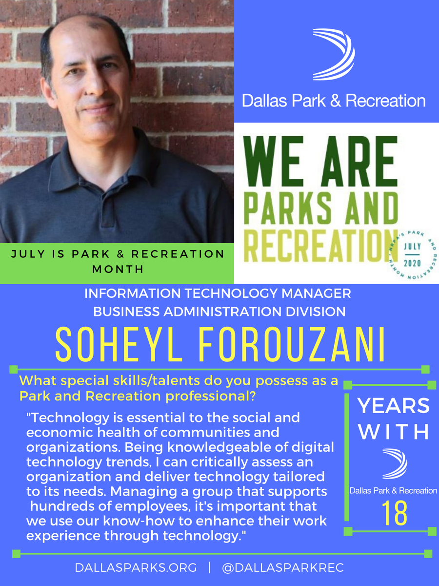 DallasParkRec's tweet photo. As Park &amp; Recreation Professionals, we provide essential services to our communities. July is Park &amp; Recreation Month and we're celebrating the work of #DallasParks professionals. Meet Soheyl! Soheyl has been with #DallasParks for 18 years. #WeAreParksAndRec #ThankAParkAndRecPro https://t.co/27l46jwvTO
